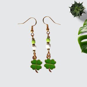 St. Patrick's Day Four Leaf Clover Green Gold Dangle Drop Earrings Handmade